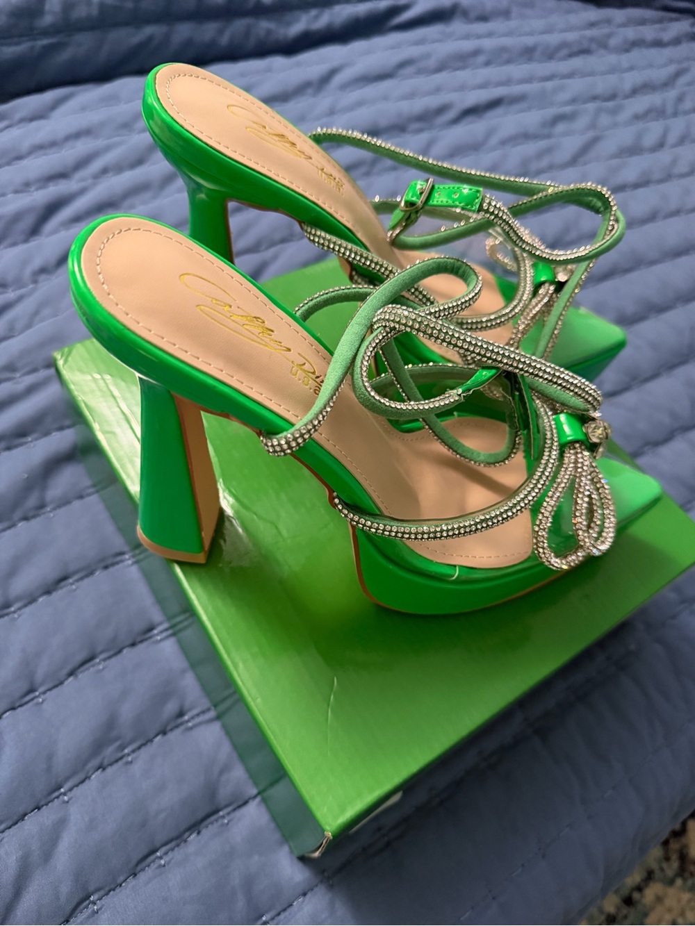 Green High Heel Platform Heels with Crystal wrap up ankle Straps